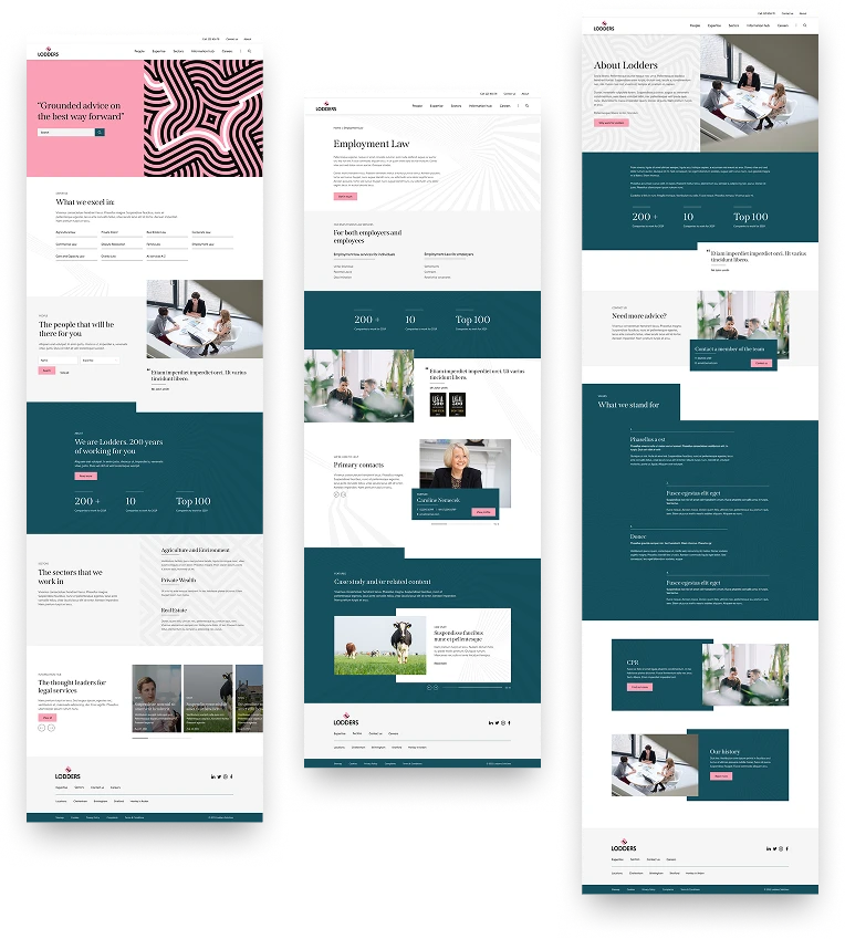 Three pages from the new Lodders website: the home page, an Employment Law page and the About us page