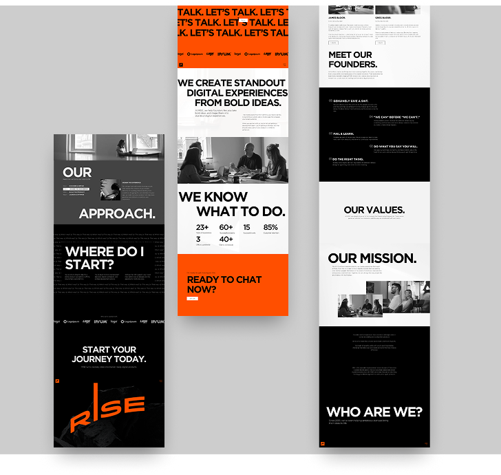Three pages from the RISE website design: the About us page and two parts of the home page